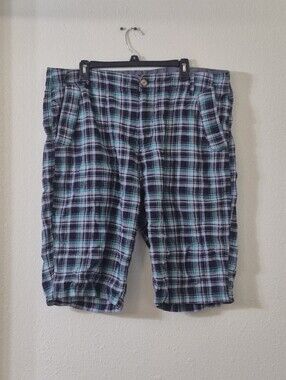 Sean John Plaid Flat Front Shorts - Blue Green Black